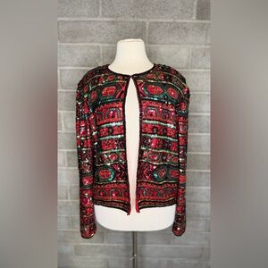 Vintage Papell Boutique Evening Beaded Sequin Jacket Bolero Red Art Deco Glam